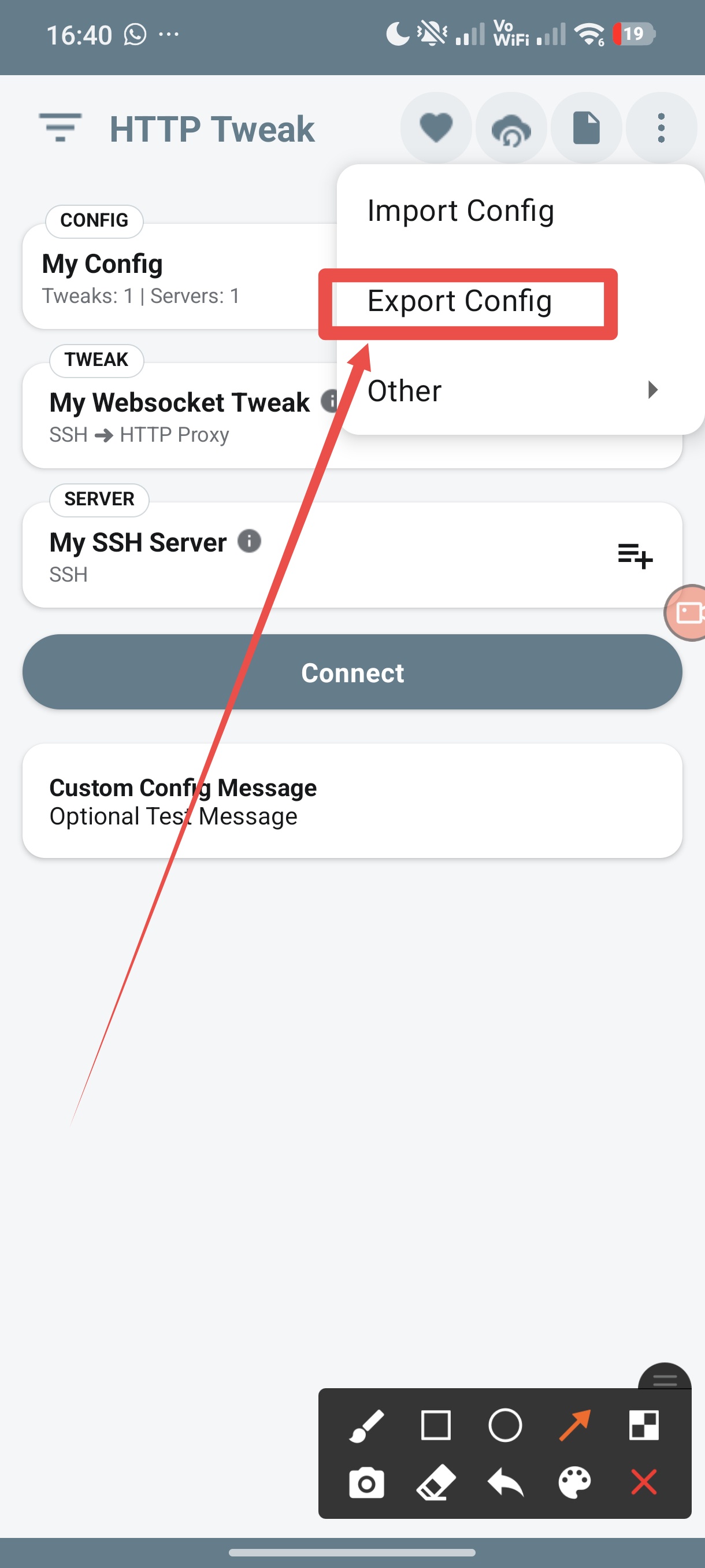 HTTP Tweak overflow menu with Export Config highlighted.