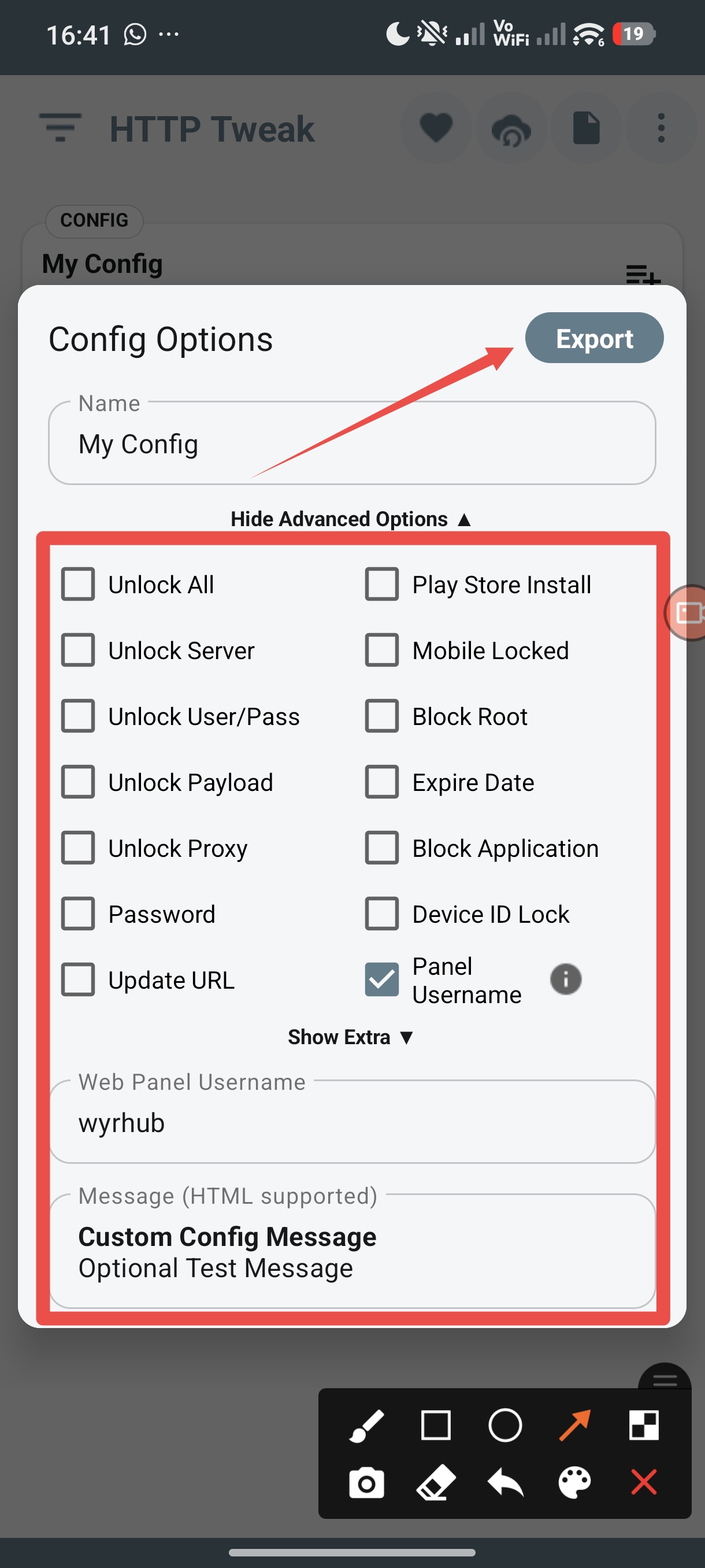 HTTP Tweak Config Options screen showing controls available before export.
