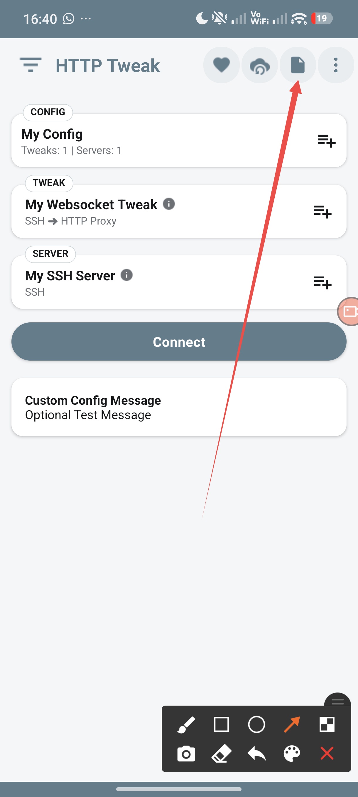 HTTP Tweak configuration screen with the document icon highlighted as the entry point to configuration export.