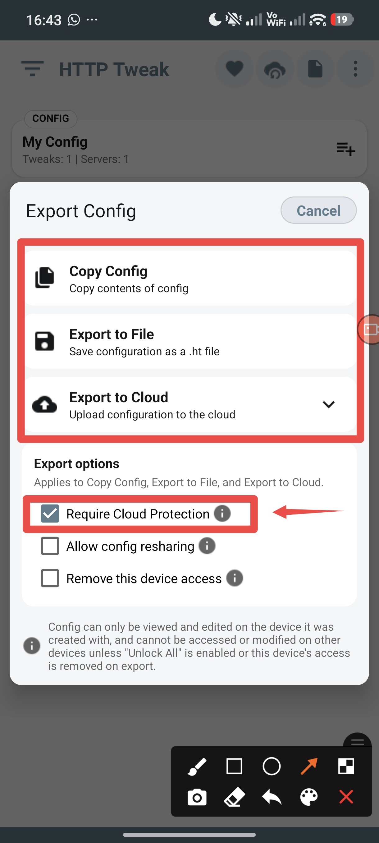 HTTP Tweak Export Config screen with Require Cloud Protection selected and the available delivery methods.