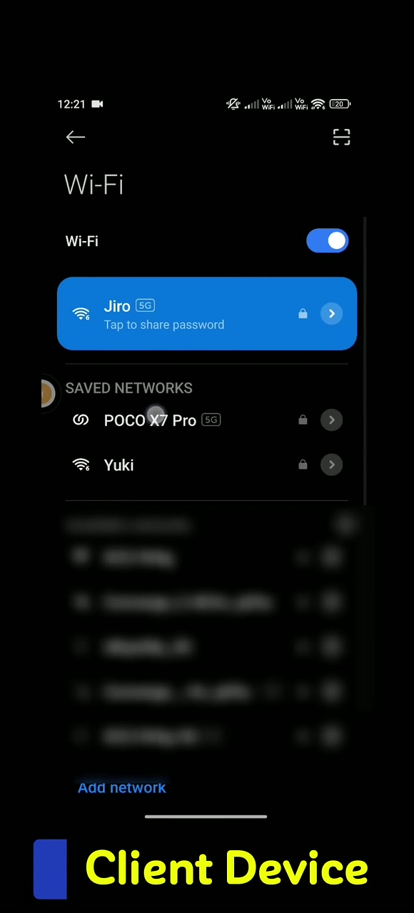 Actual tutorial video frame showing the client device connected to the main device hotspot.