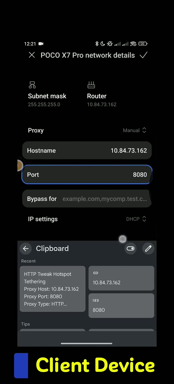 Actual tutorial video frame showing the completed manual proxy hostname and port on the client device.