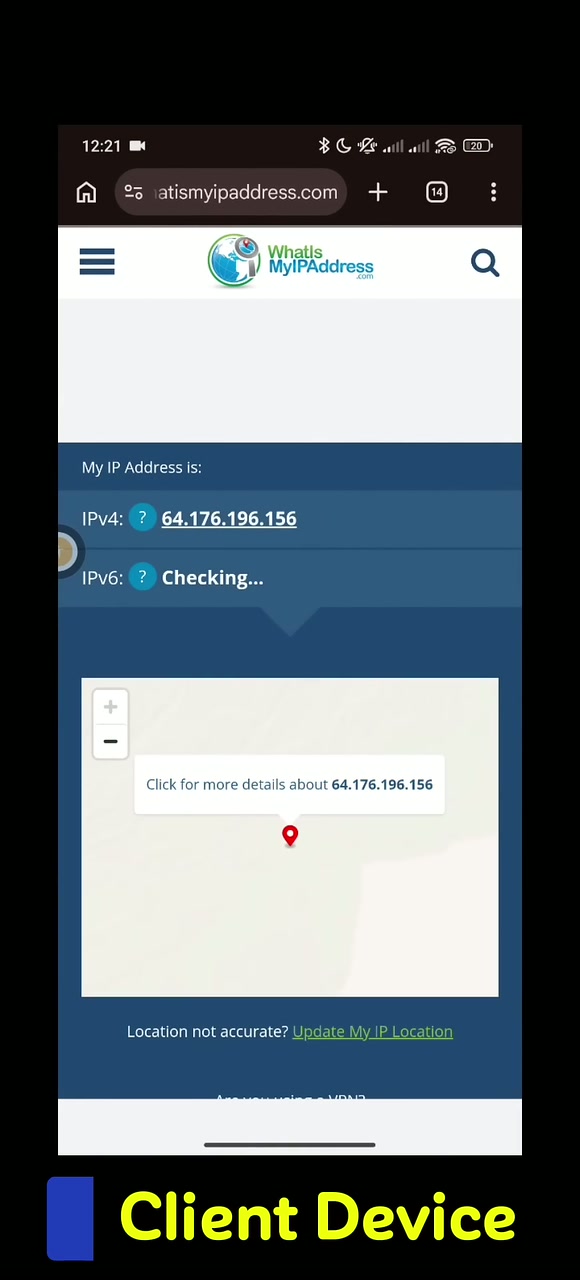 Actual tutorial video frame showing a public IP-check page loading successfully on the client device.