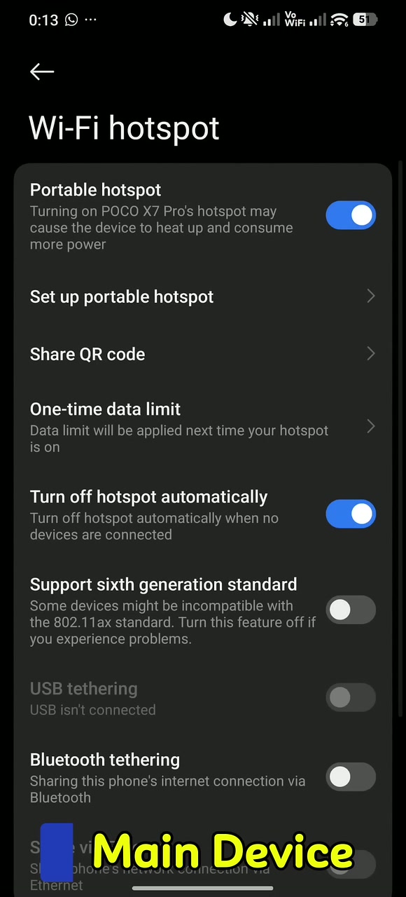 Actual tutorial video frame showing the Portable hotspot enabled on the main Android device.