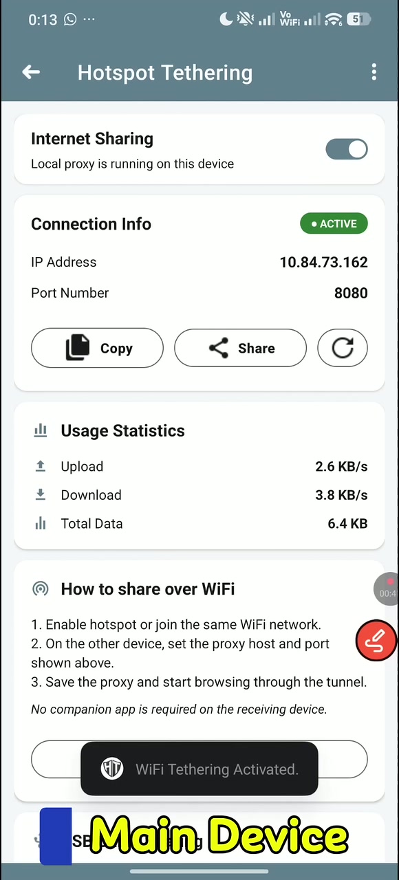 Actual tutorial video frame showing active HTTP Tweak Internet Sharing with its local IP address and port.