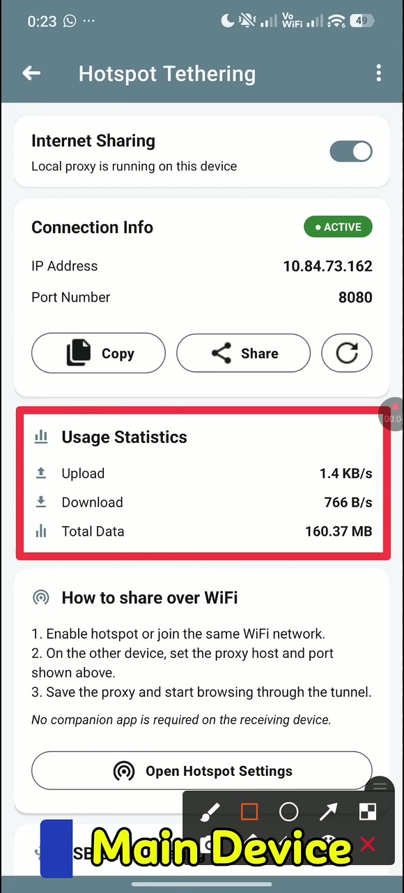 Actual tutorial video frame showing live upload, download, and total data statistics on the main device.