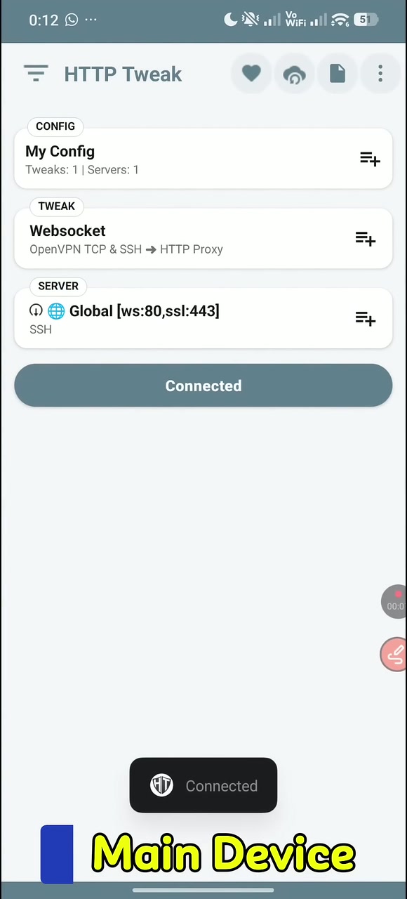 Actual tutorial video frame showing HTTP Tweak connected on the main device before hotspot sharing begins.