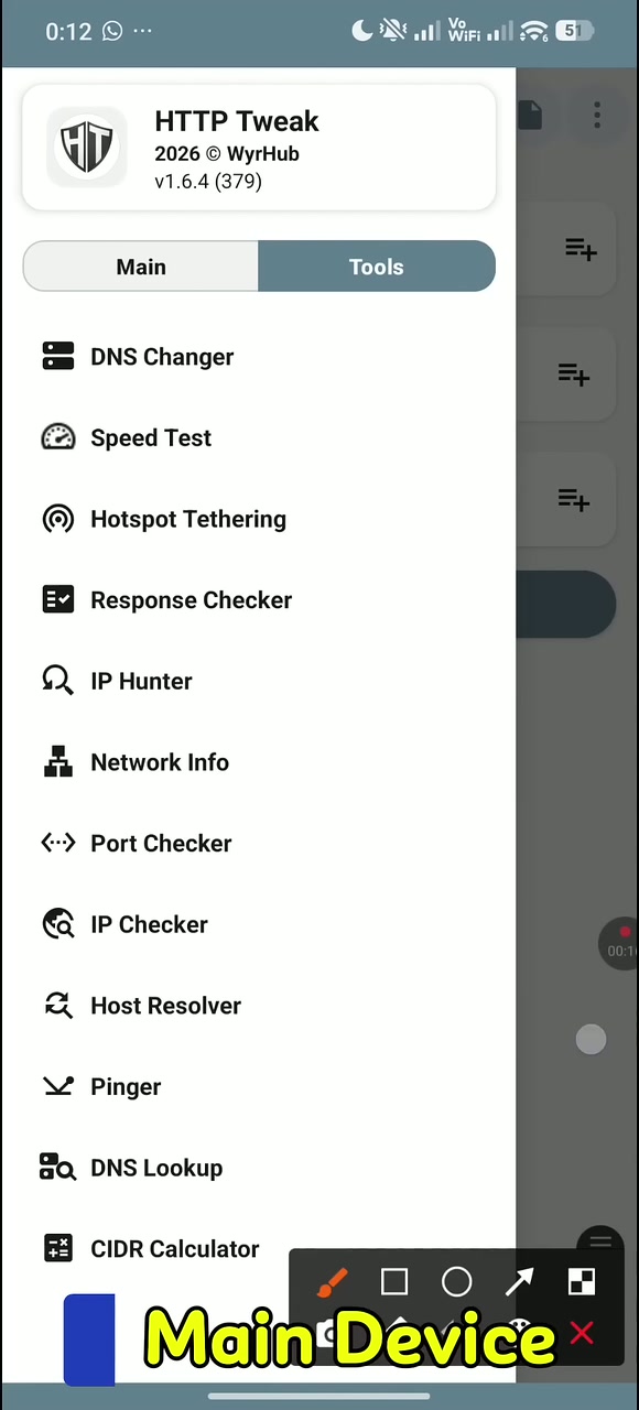 Actual tutorial video frame showing Hotspot Tethering in the HTTP Tweak Tools menu on the main device.
