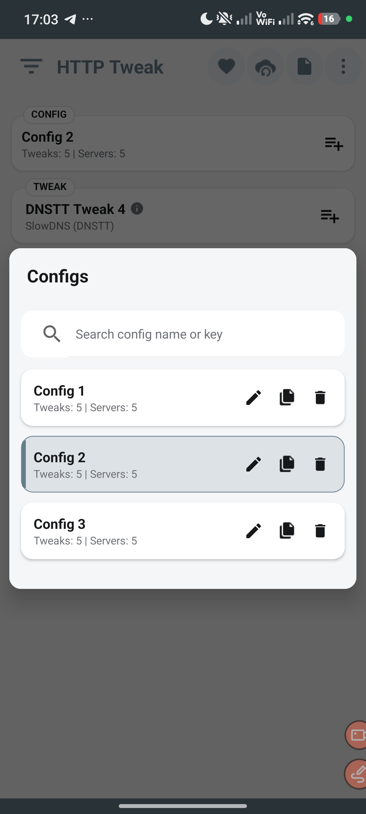 HTTP Tweak Configs screen showing three separate configurations, with Config 2 selected and each configuration showing its own tweak and server count.