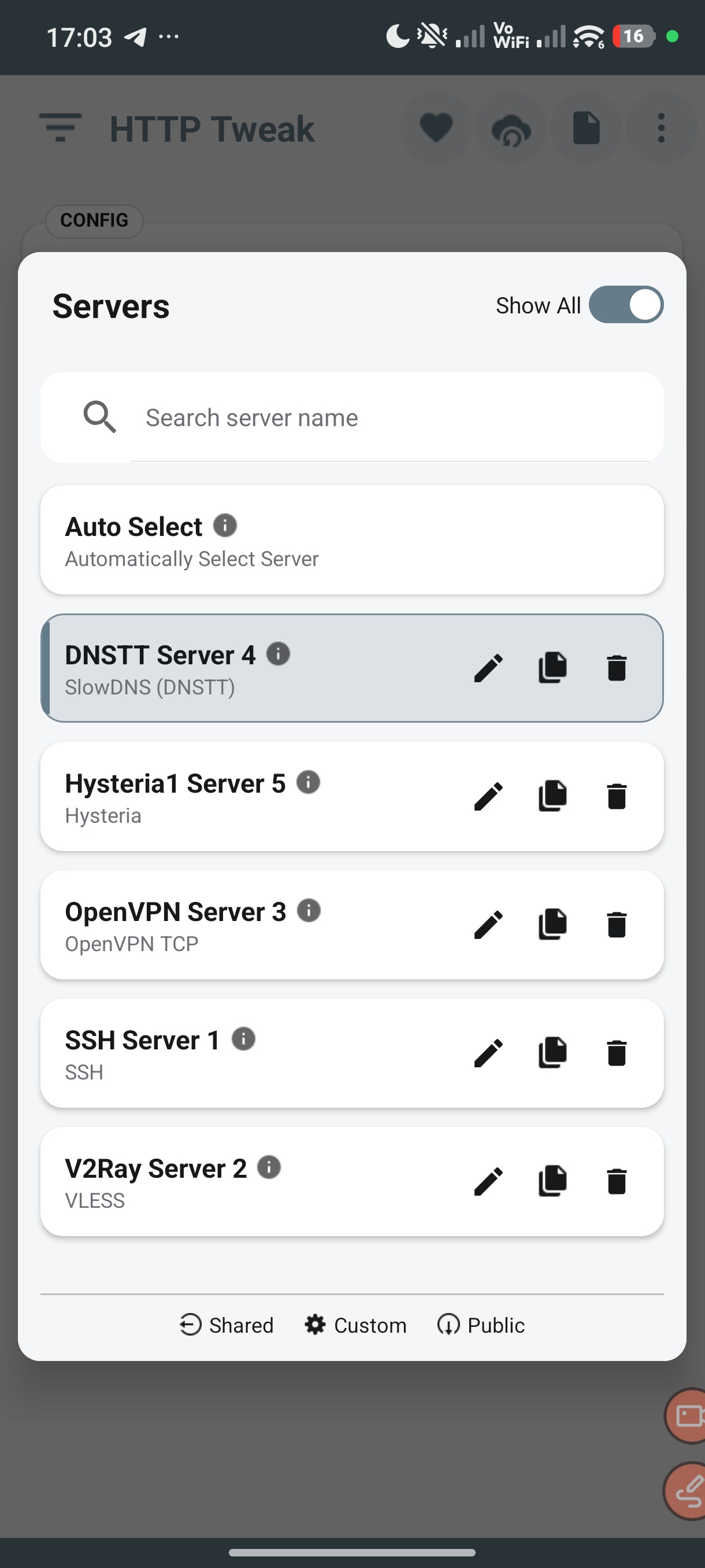 HTTP Tweak Servers screen for Config 2 showing Auto Select and five separately named DNSTT, Hysteria, OpenVPN, SSH, and V2Ray servers.