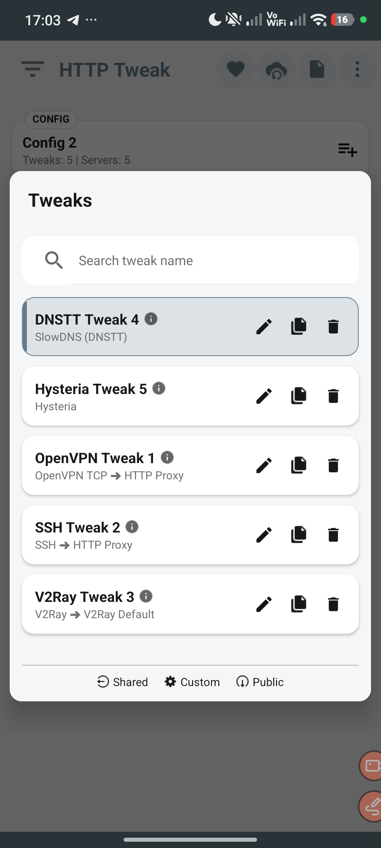 HTTP Tweak Tweaks screen for Config 2 showing separate DNSTT, Hysteria, OpenVPN, SSH, and V2Ray tweaks.