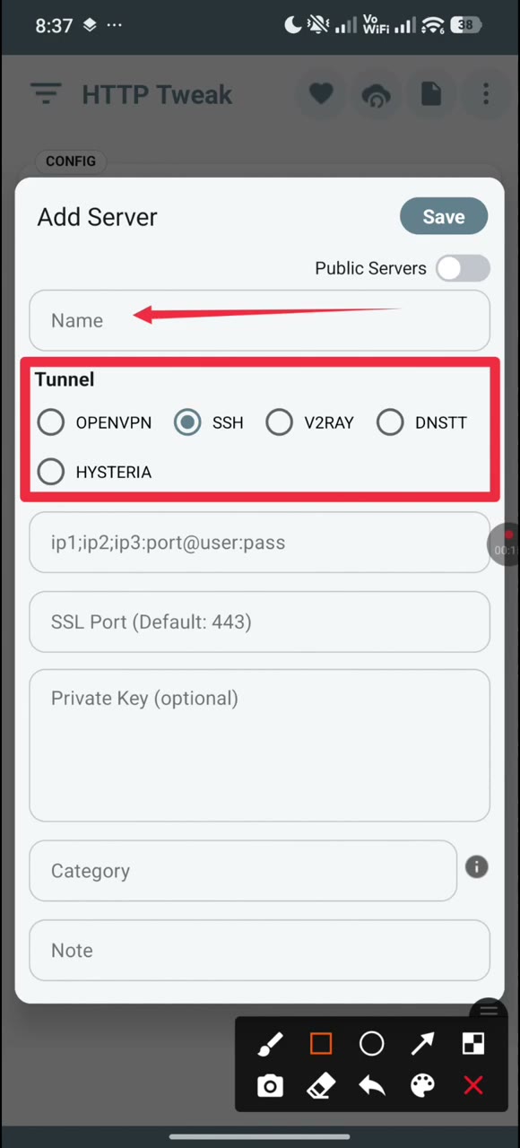 Actual tutorial video frame showing the Add Server form in HTTP Tweak.