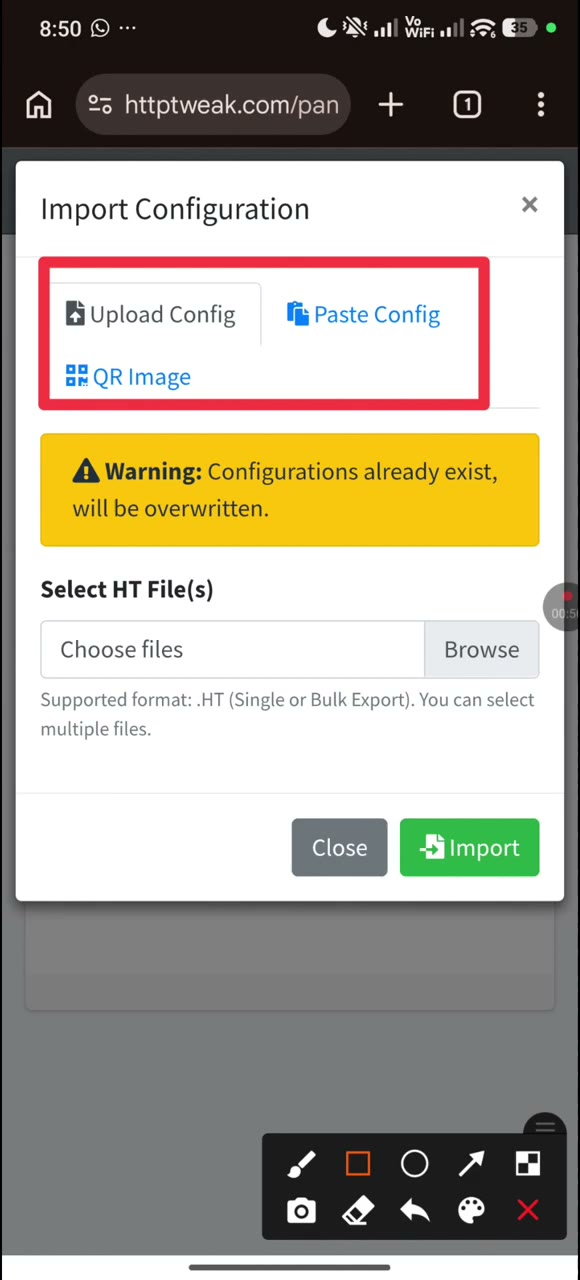 Actual tutorial video frame showing the Web Panel Import Configuration dialog with Upload Config selected.