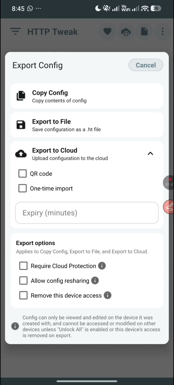 Actual tutorial video frame showing the Export Config sheet in the HTTP Tweak Android app, including Export to File.