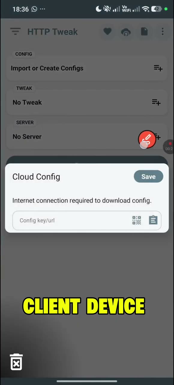 Actual tutorial video frame showing the client Cloud Config dialog and the Config key/url field.