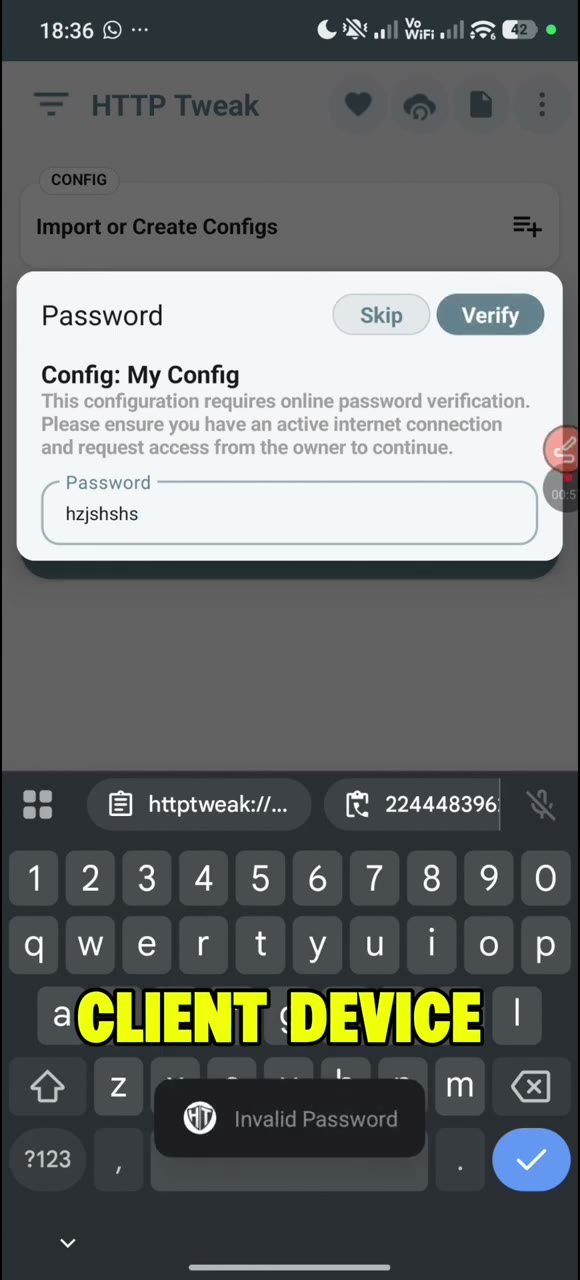 Actual tutorial video frame showing the imported configuration, tweak, server, and ready connection state in HTTP Tweak.