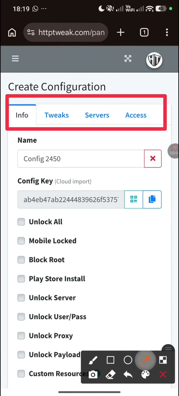 Actual tutorial video frame showing the HTTP Tweak configuration Info tab, Config Key, and configuration controls.