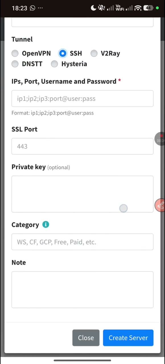 Actual tutorial video frame showing the SSH server fields, optional private key, category, note, and Create Server action.