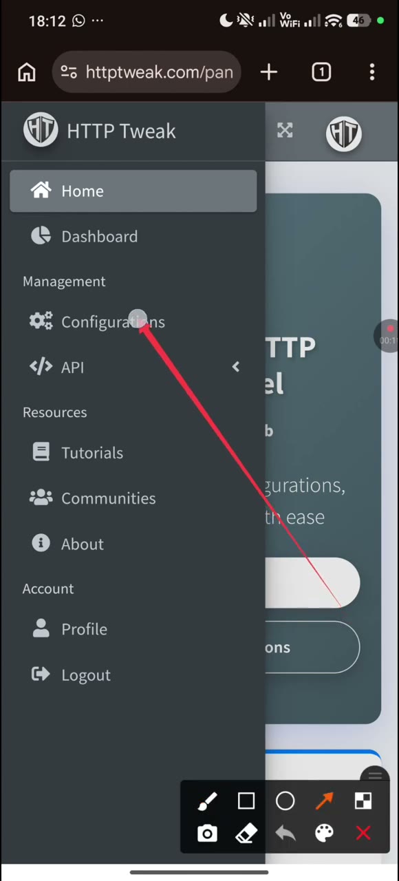 Actual tutorial video frame showing the navigation path to Configurations in the HTTP Tweak Web Panel.