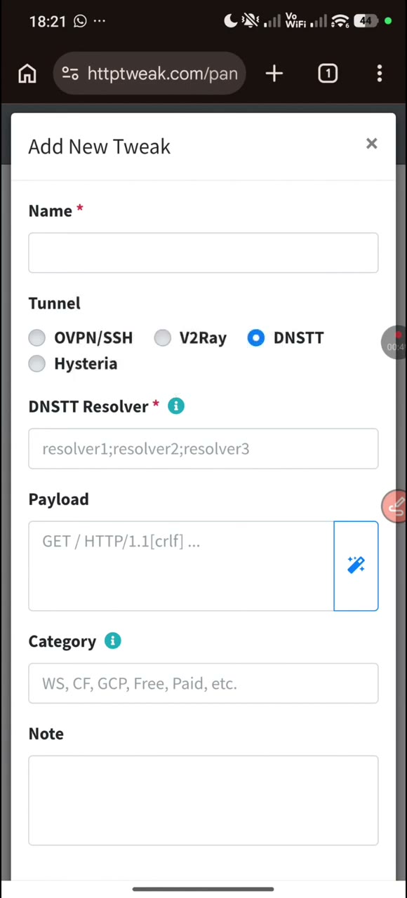 Actual tutorial video frame showing tunnel-specific tweak fields, category, note, and the Create Tweak action.