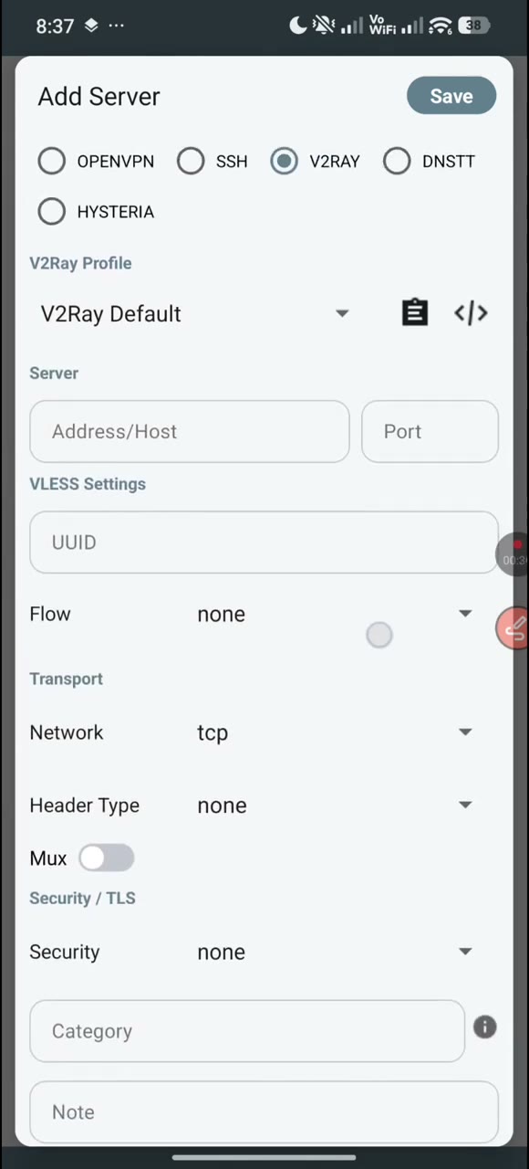 Actual tutorial video frame showing the V2Ray server form in HTTP Tweak.